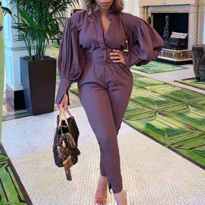 Solid Button Design Long Puff Sleeve Top & Pants Set