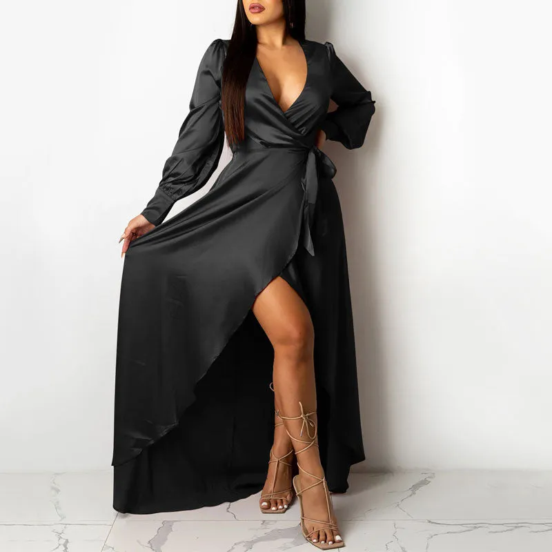 Solid Deep V-Neck Long Sleeve High Slit Floor-Length Dress