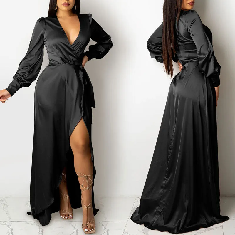 Solid Deep V-Neck Long Sleeve High Slit Floor-Length Dress