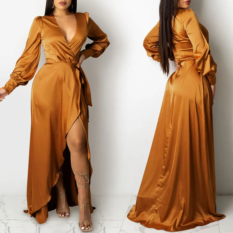 Solid Deep V-Neck Long Sleeve High Slit Floor-Length Dress