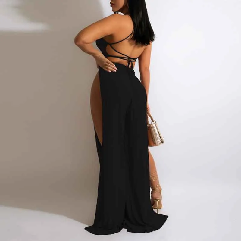 Solid Halter Sleeveless Bandage High Slit Jumpsuit