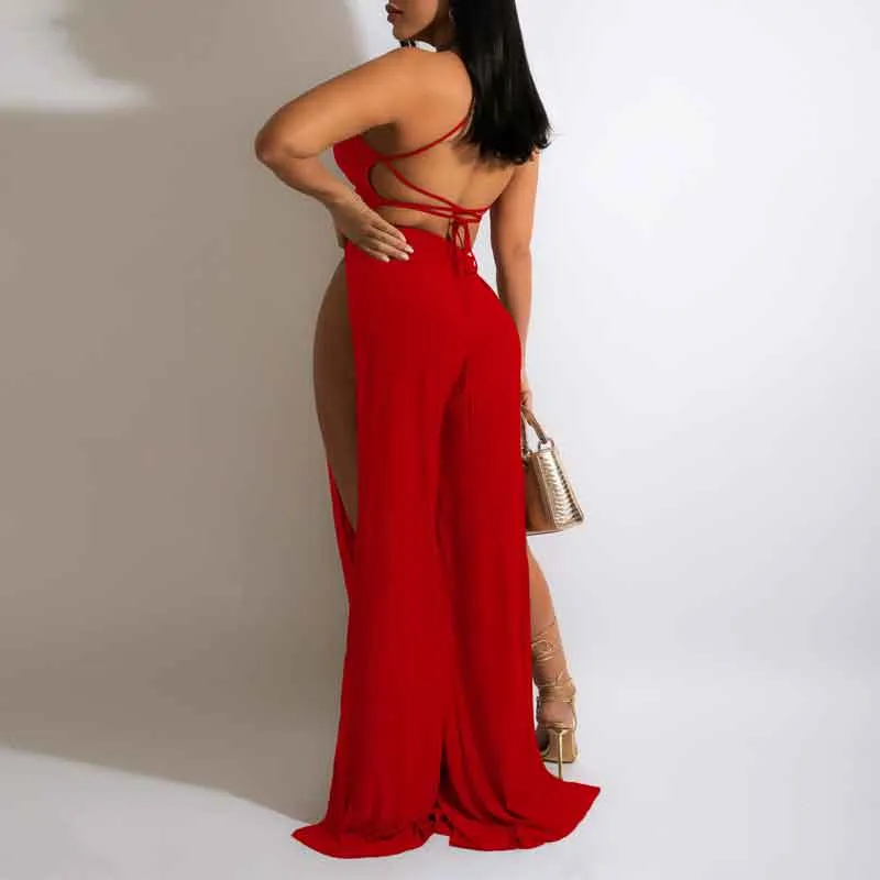 Solid Halter Sleeveless Bandage High Slit Jumpsuit