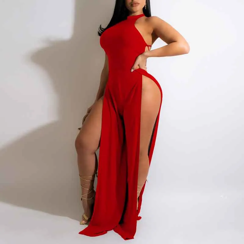 Solid Halter Sleeveless Bandage High Slit Jumpsuit