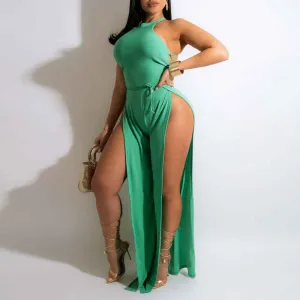 Solid Halter Sleeveless Bandage High Slit Jumpsuit
