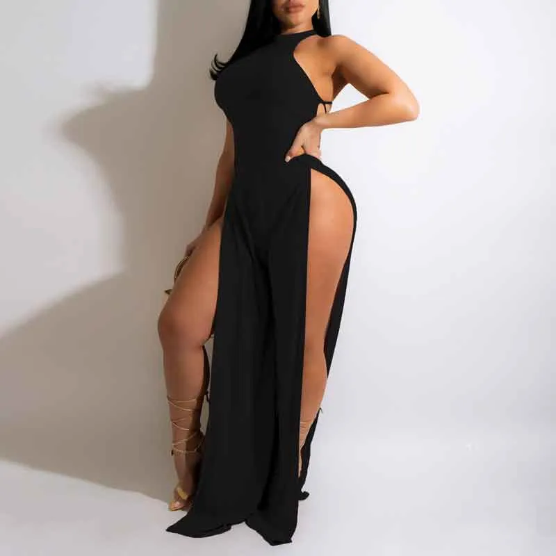 Solid Halter Sleeveless Bandage High Slit Jumpsuit