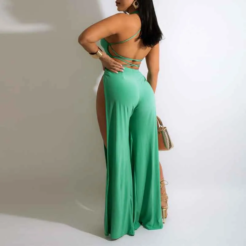 Solid Halter Sleeveless Bandage High Slit Jumpsuit