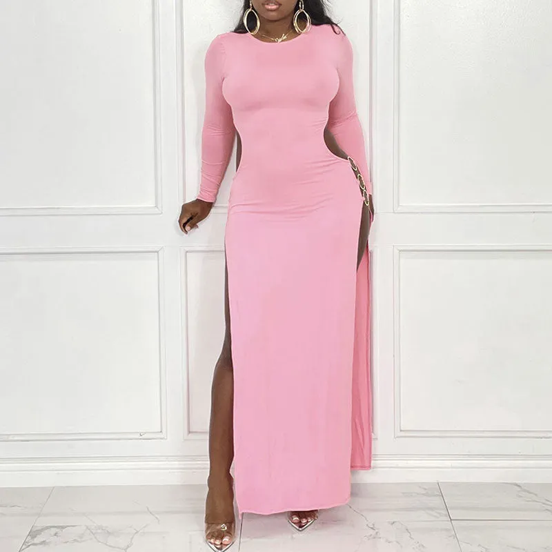 Solid Long Sleeve Cut Out O-Ring High Slit Dress