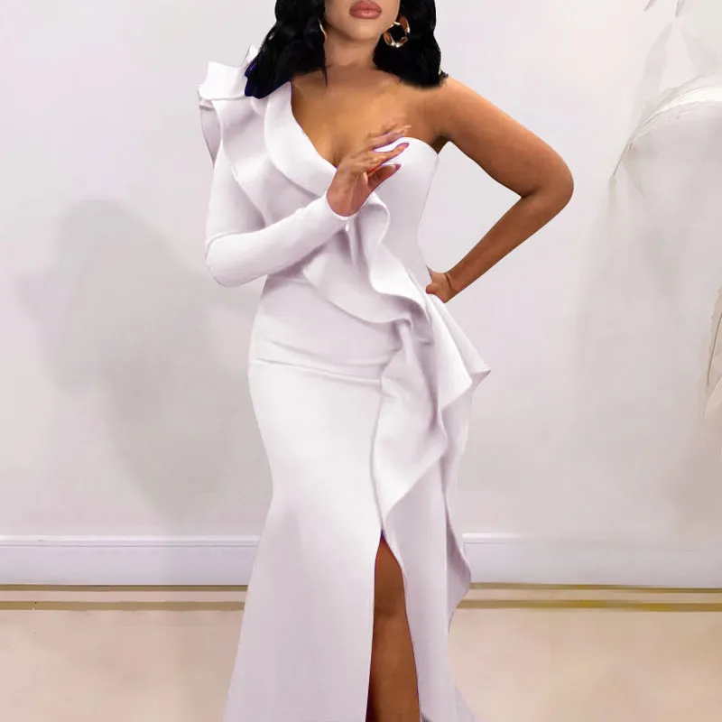 Solid One Shoulder Ruffle Design High Slit Dress