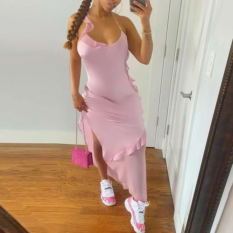 Solid Sleeveless Ruffle Design High Slit Dress