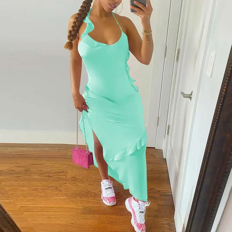 Solid Sleeveless Ruffle Design High Slit Dress