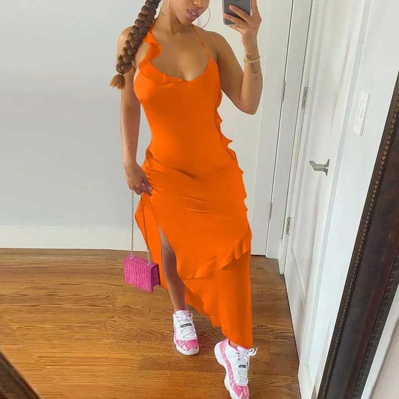 Solid Sleeveless Ruffle Design High Slit Dress