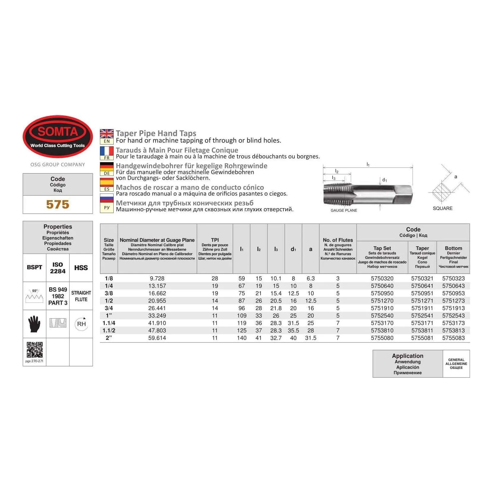 SOMTA - Series 575 HSS BSPT Tap 2" (Bottoming Lead, Taper Form)