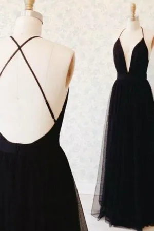 Spaghetti Straps V Neck Tulle Long Prom Dress Open Back Evening Dress TP0847