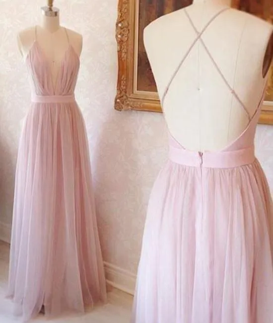 Spaghetti Straps V Neck Tulle Long Prom Dress Open Back Evening Dress TP0847