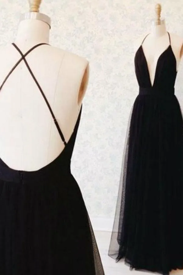 Spaghetti Straps V Neck Tulle Long Prom Dress Open Back Evening Dress TP0847