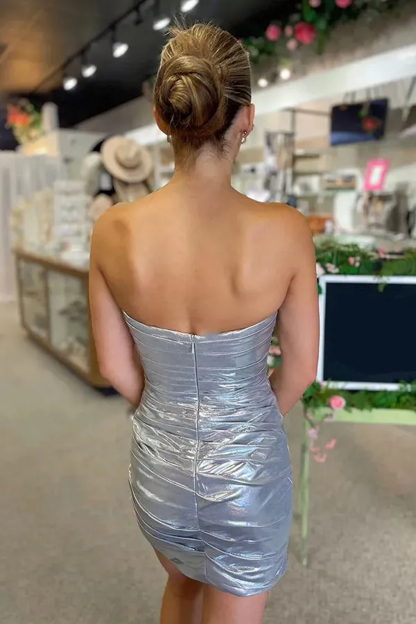 Sparkly Beaded Strapless Satin Tight Silver Homecoming Dress TN425