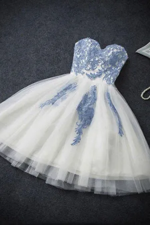Strapless Sweetheart Appliques Tulle Homecoming Dress,Ivory Hoco Dresses,Short Prom Dresses OK301
