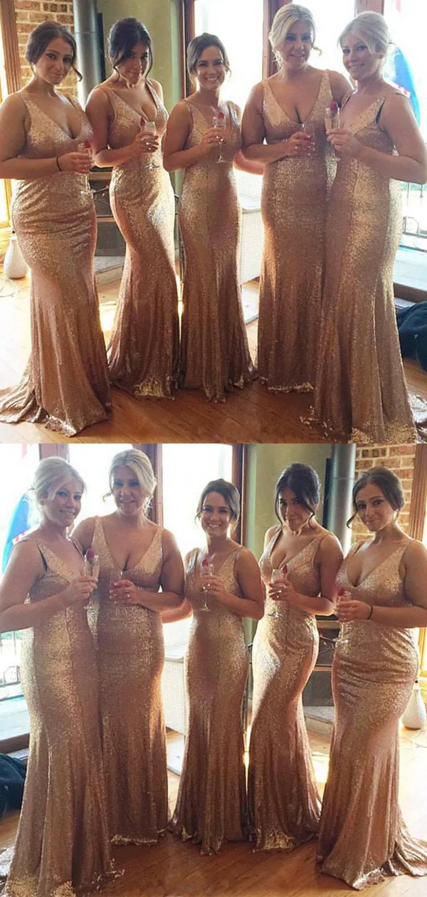 Stunning sequin rose gold bridesmaid dress,long bridesmaid dress,v-neck bridesmaid dress, BD0443