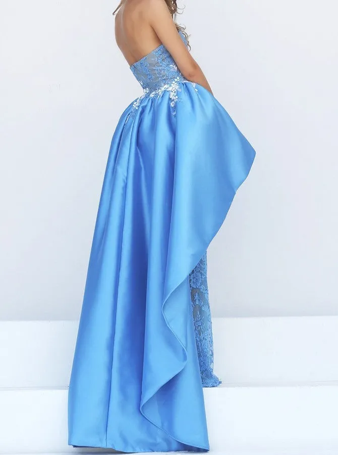 Sweep Train Blue Mermaid Strapless Lace Prom Dresses with Appliques Floor Length Evening Dresses