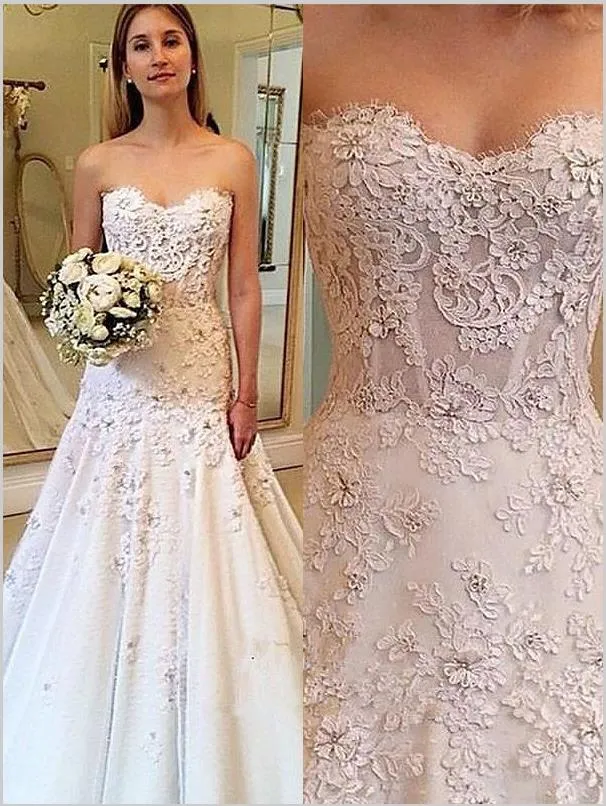 Sweetheart Lace Princess Wedding Dresses,Court Train Strapless Wedding Dresses