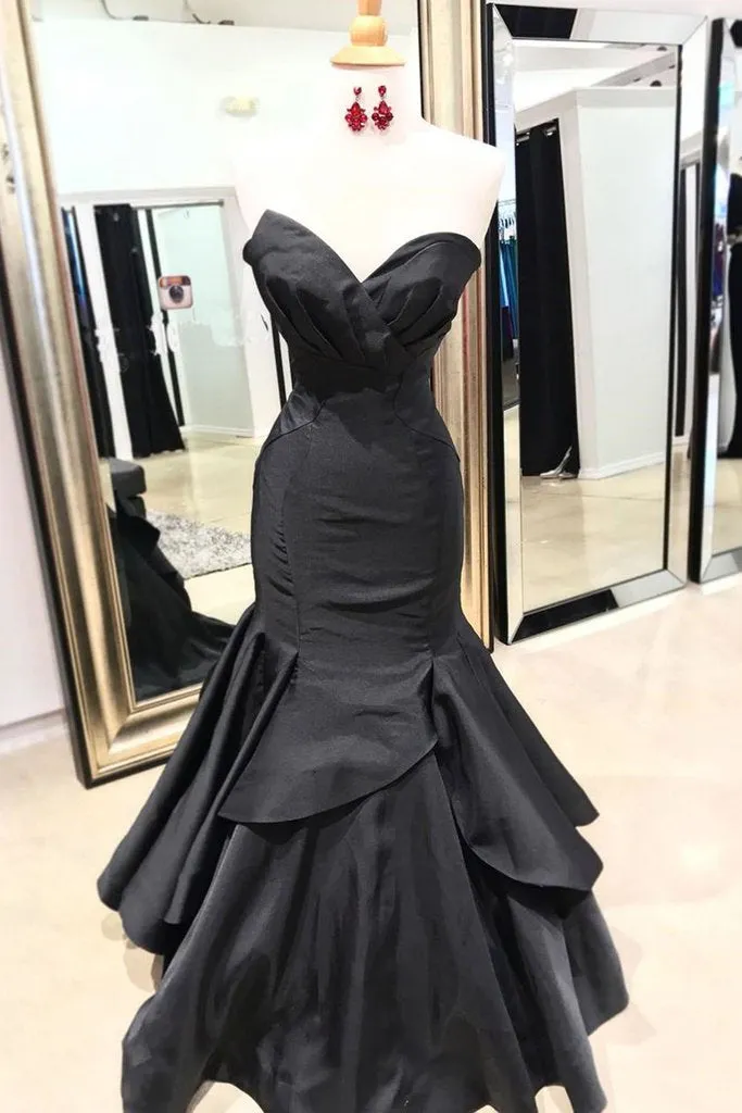Sweetheart neck black satin long mermaid evening dress, long party dress,mermaid bridesmaid dress satin