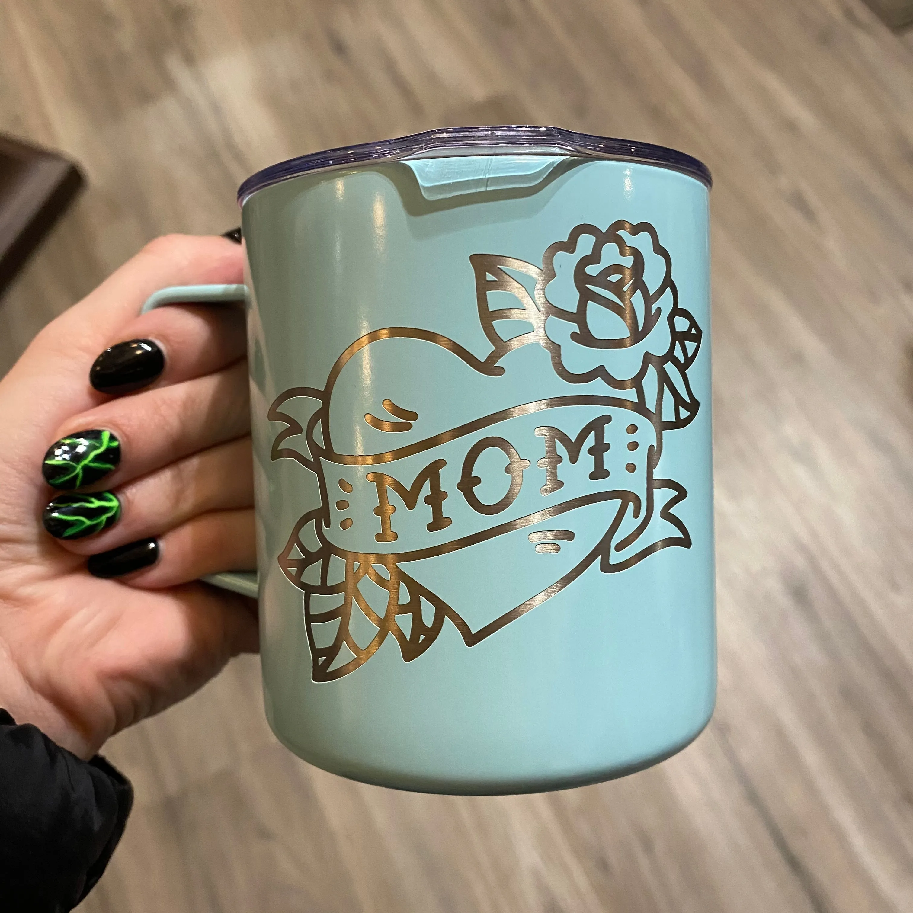 Tattooed Mom Heart Double Walled Engraved Stainless Steel Cup With Lid