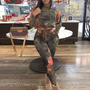 Tie Dye Print Drawstring Long Sleeve Top & High Waist Pants Set