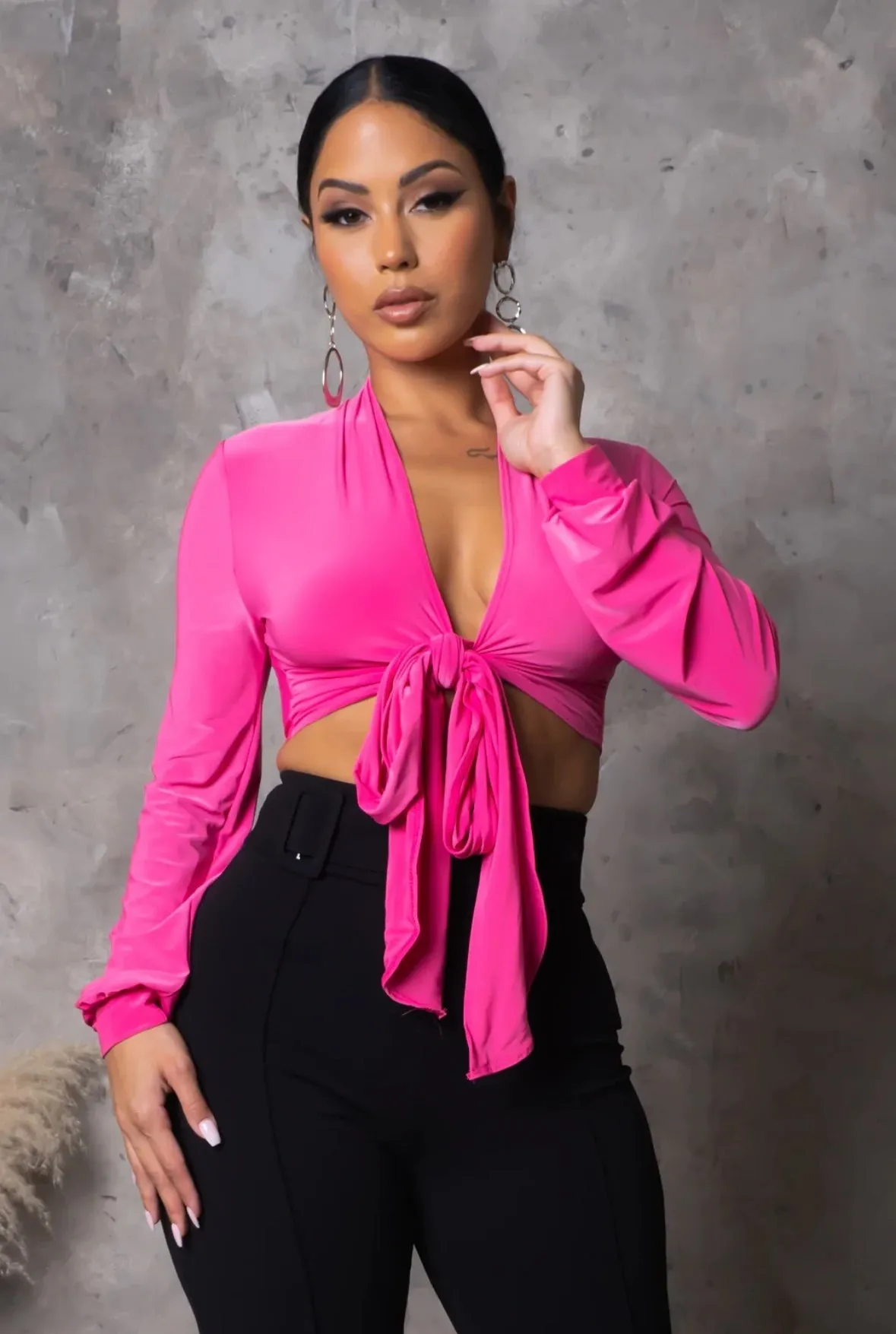 Tie Front Long Sleeve Crop Top