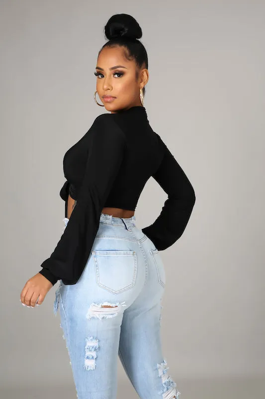 Tie Front Long Sleeve Crop Top