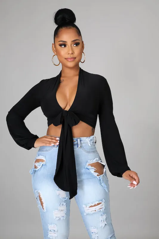 Tie Front Long Sleeve Crop Top
