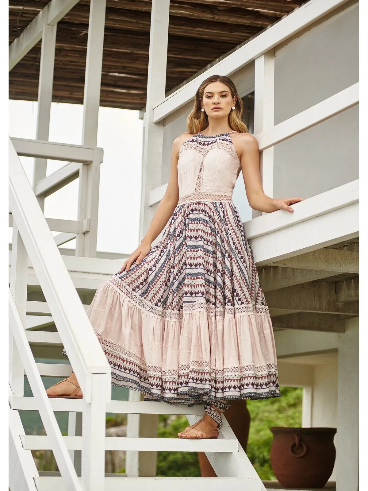 TRICOLOR MIDI EMBROIDERED DRESS