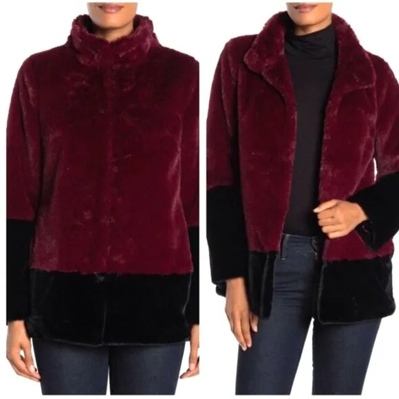 Trina Turk Blanche Faux Fur Color Block Winter Coat Burgundy Wine XS/TP EUC