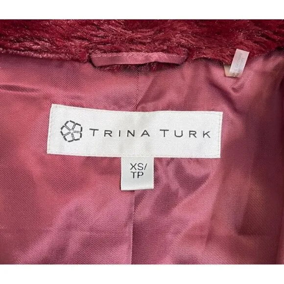 Trina Turk Blanche Faux Fur Color Block Winter Coat Burgundy Wine XS/TP EUC