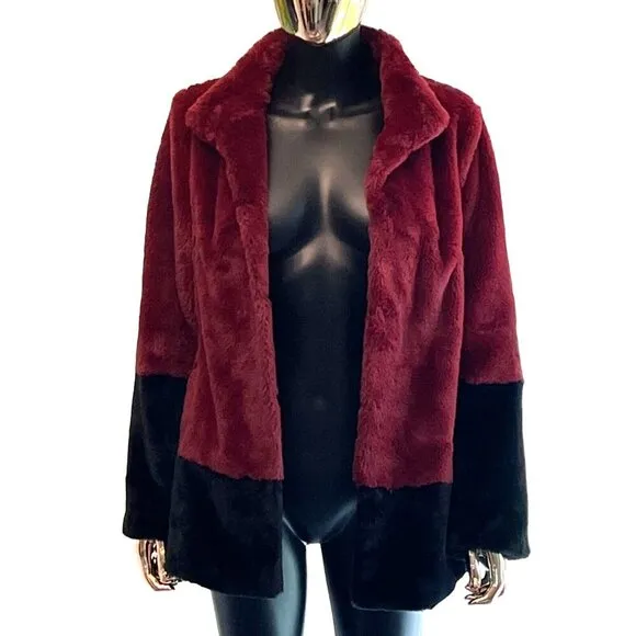 Trina Turk Blanche Faux Fur Color Block Winter Coat Burgundy Wine XS/TP EUC