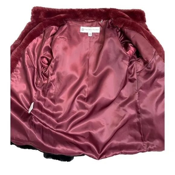 Trina Turk Blanche Faux Fur Color Block Winter Coat Burgundy Wine XS/TP EUC