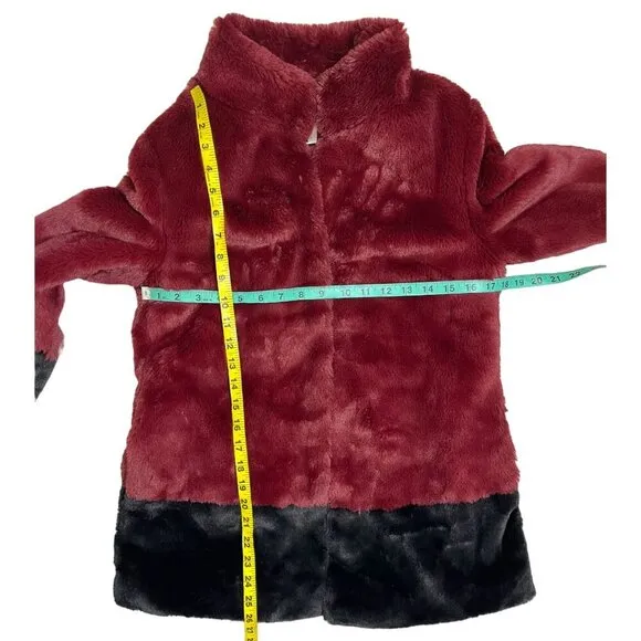 Trina Turk Blanche Faux Fur Color Block Winter Coat Burgundy Wine XS/TP EUC