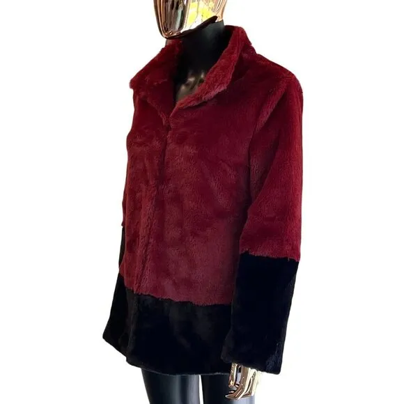 Trina Turk Blanche Faux Fur Color Block Winter Coat Burgundy Wine XS/TP EUC
