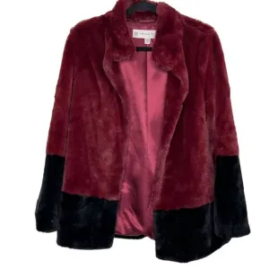 Trina Turk Blanche Faux Fur Color Block Winter Coat Burgundy Wine XS/TP EUC