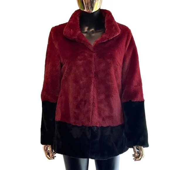 Trina Turk Blanche Faux Fur Color Block Winter Coat Burgundy Wine XS/TP EUC