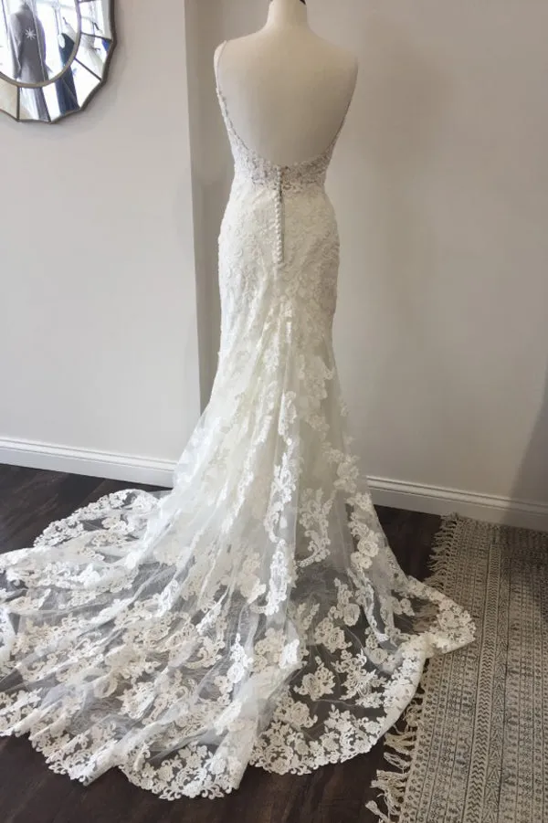 Trumpet Court Train Sweetheart Spaghetti Lace Wedding Gown, Wedding Dresses