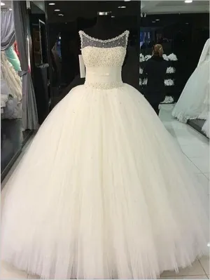 Tulle Round Neck Wedding Dresses Floor Length Ball Gown With Beading