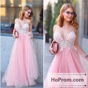 Tulle Sleeveless A-line Lace Prom Dresses Evening Dress