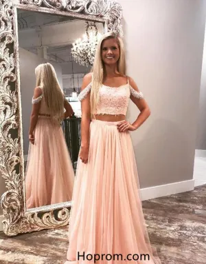 Two Piece Pink Tulle Prom Dress with Lace Beading