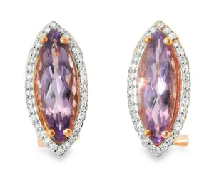 Unique 14K Pink Rose Gold Diamond Amethyst Designer Earrings