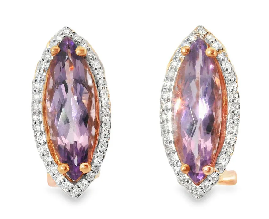 Unique 14K Pink Rose Gold Diamond Amethyst Designer Earrings