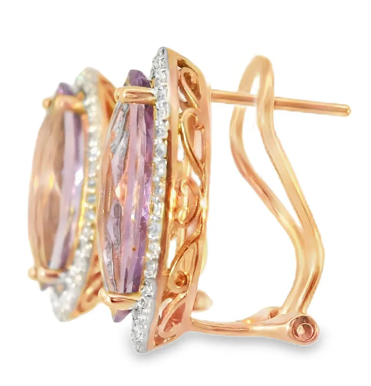 Unique 14K Pink Rose Gold Diamond Amethyst Designer Earrings