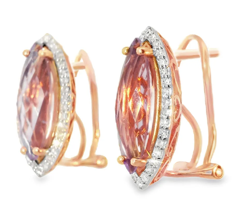 Unique 14K Pink Rose Gold Diamond Amethyst Designer Earrings