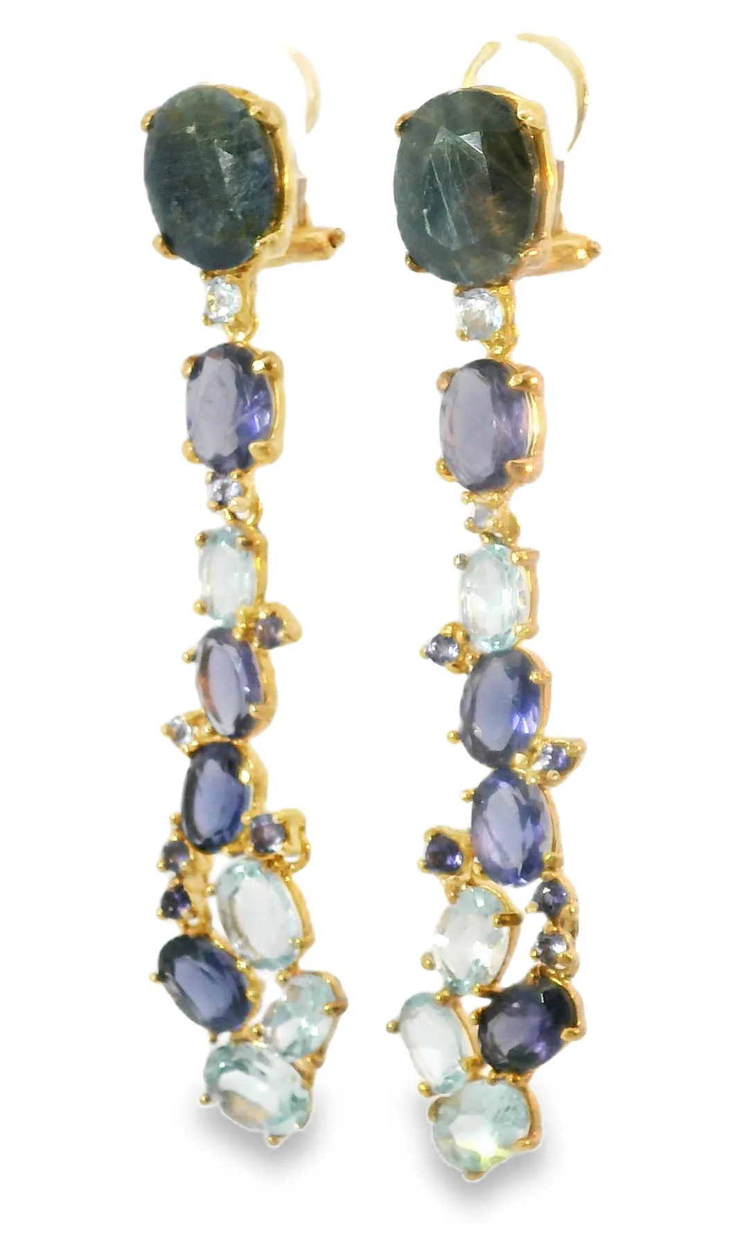 Unique 14K Rose Gold Vermeil Silver Sapphire Topaz Iolite Designer Drop Earrings