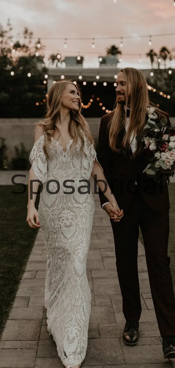 Unique Full Lace Vintage  Chic Exquisite Beach Long Wedding Dresses WD0557
