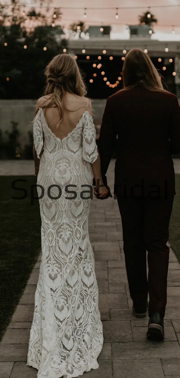 Unique Full Lace Vintage  Chic Exquisite Beach Long Wedding Dresses WD0557